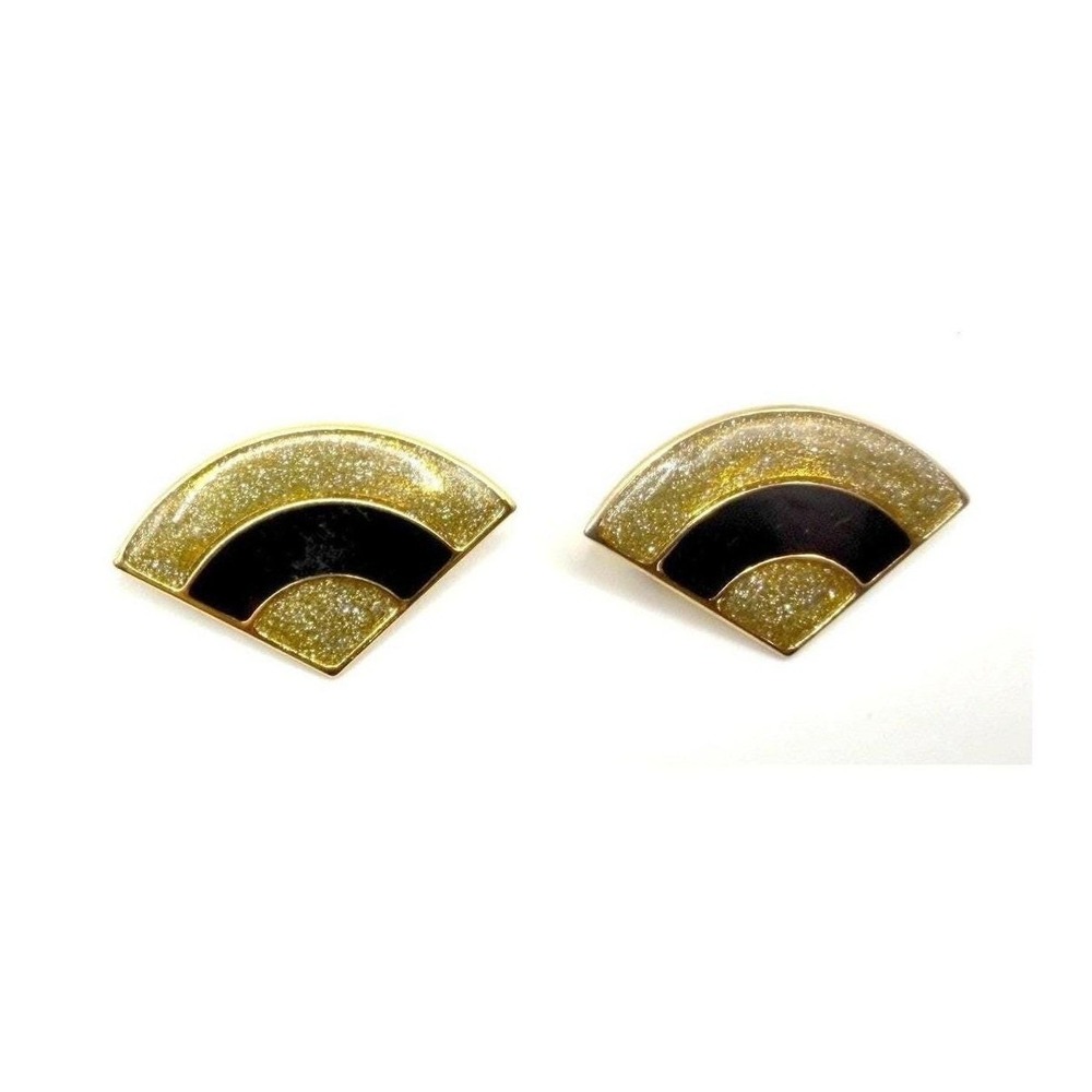 Vintage Gold Tone Fan Brooch Pins‎ Pair Art Deco Geometric 1.5" Gold Glitter